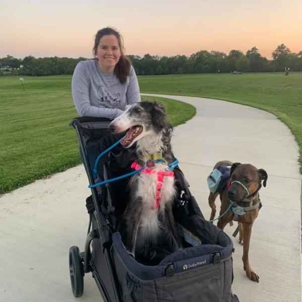 Dr. Amanda Armstrong with a dog in a stroller