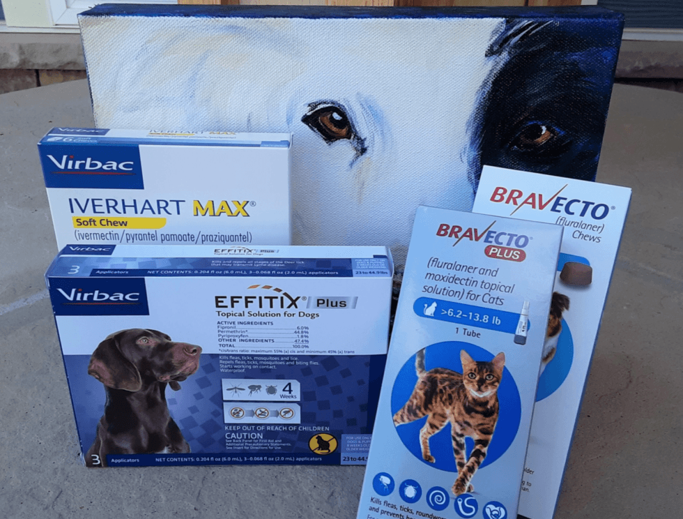 a group of boxes of dog and cat products